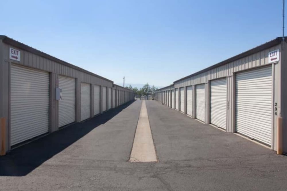 A wide driveway between outdoor units at BuxBear Storage Medford Sky Park Drive in Medford, Oregon