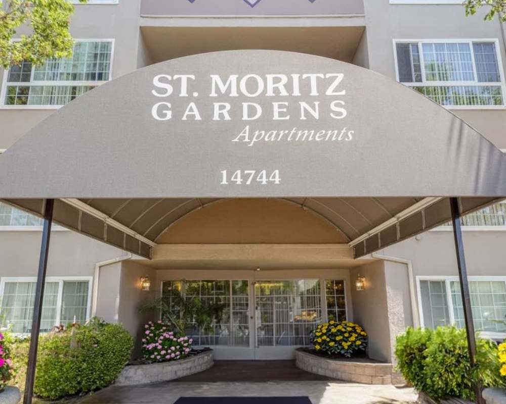 Entrance to the building at St. Moritz Garden Apartments in San Leandro, California