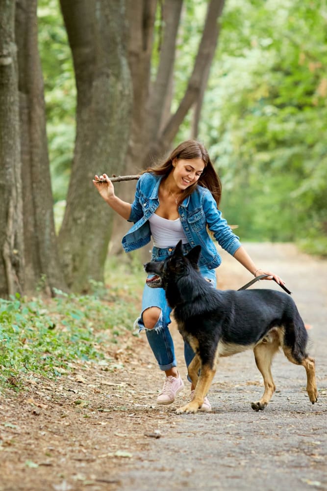 Resident going for a walk with her dog near Canvas at Savannah in Savannah, Georgia