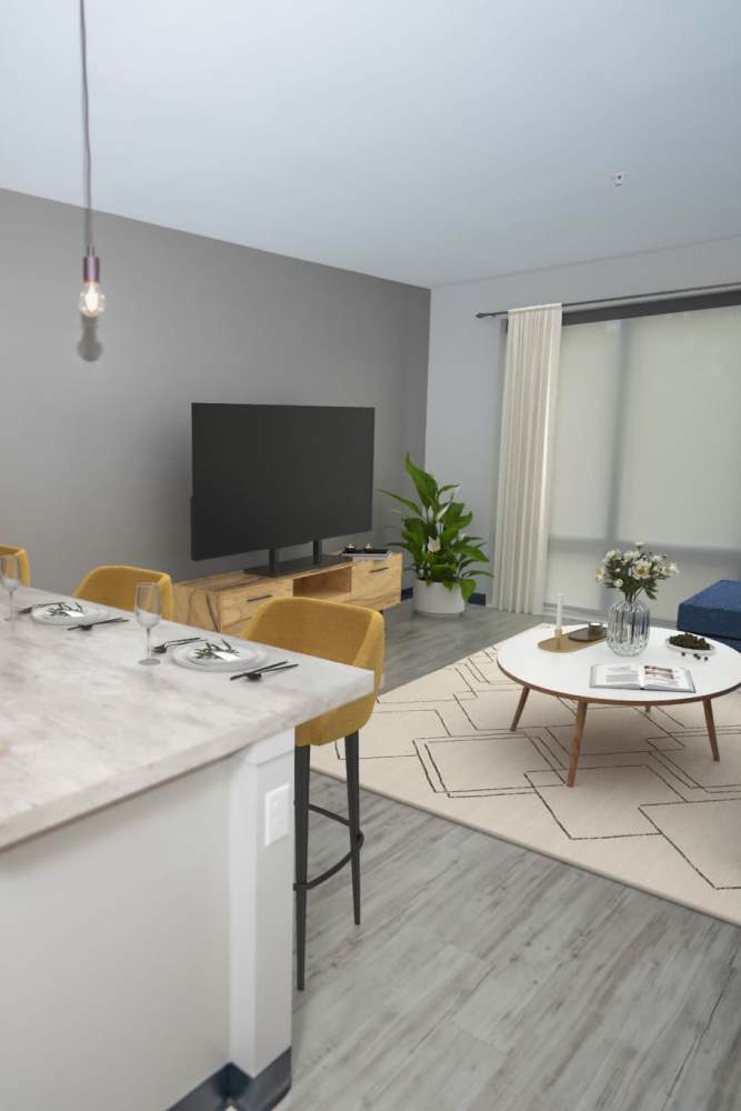 A contemporary kitchen and living room with sleek design and modern furnishings at Diamond Place II in Grand Rapids, Michigan
