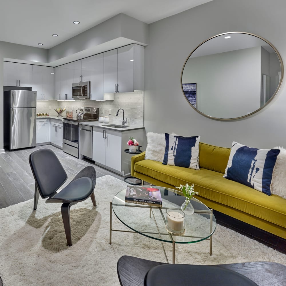 Living area and open kitchen at 210 Main in Hackensack, New Jersey