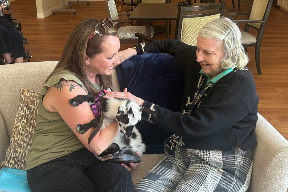 A woman pets a dog while sitting on a couch at The Barclay at Charlottesville in Charlottesville, Virginia.