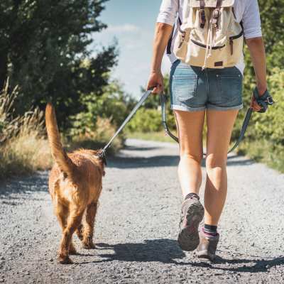 A resident and dog out on a walk near Edge DTC in Denver, Colorado