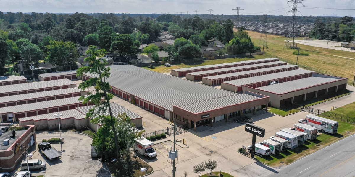 Aerial view of the self storage facility at Avid Storage in Humble, Texas