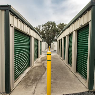 Hall of self storage units for rent at Neighborhood Storage in Ocala, FL