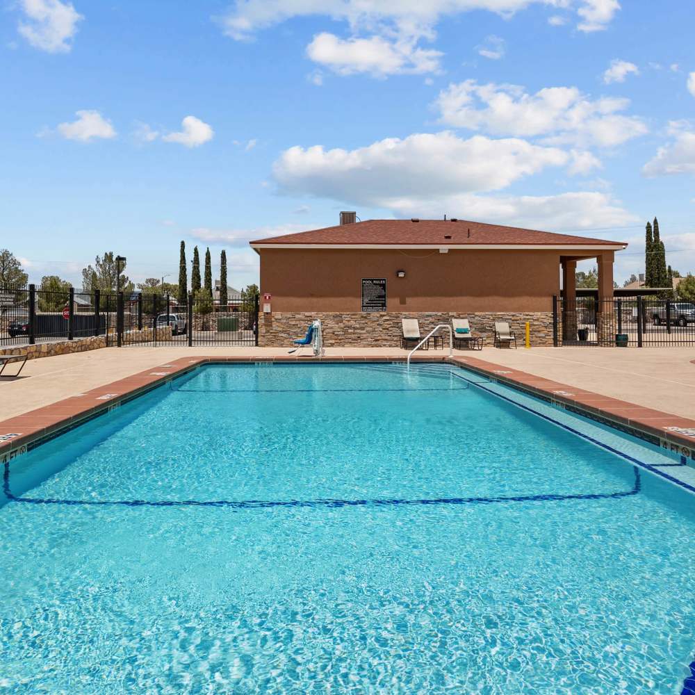 Resort style pool area at Las Torres Apartments in El Paso, Texas