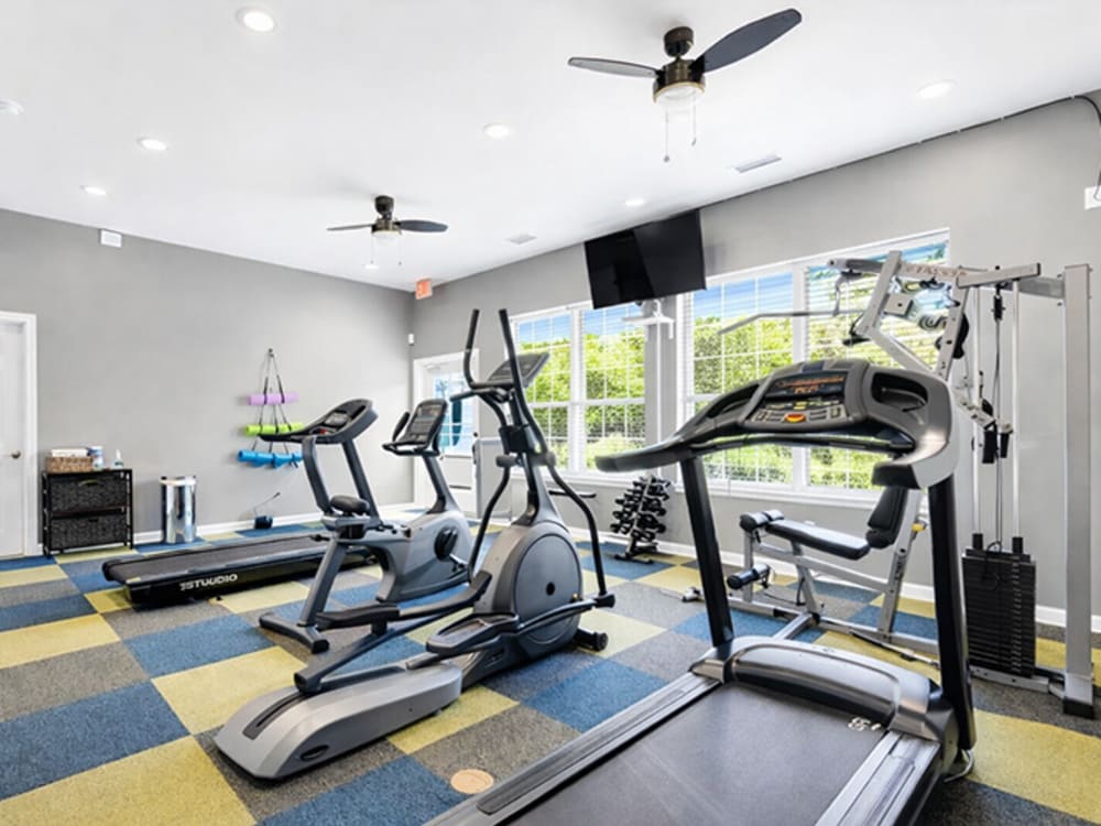 A fitness center at 43 North Apartments in Grand Haven, Michigan