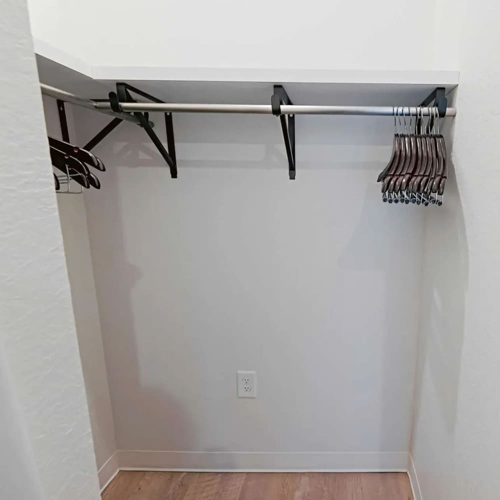 Spacious closet with hanging rod and wood-style flooring at WaterWalk Boise - Meridian in Meridian, Idaho