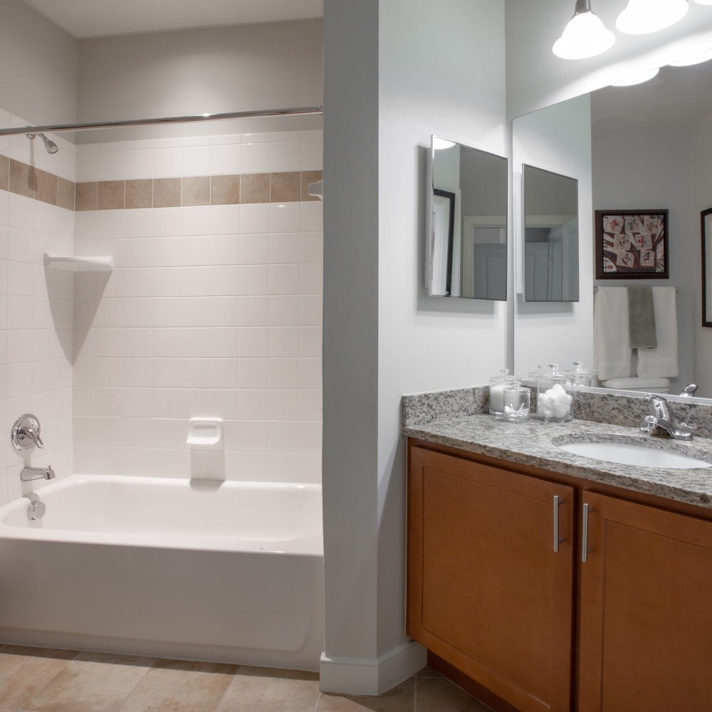 A sink in a model apartments bathroom at Mode at Hyattsville in Hyattsville, Maryland