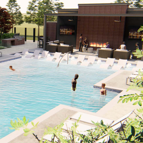 Rendering of the resort-style swimming pool with a nearby fire pit lounge at Olympus on Broadway in Carrollton, Texas