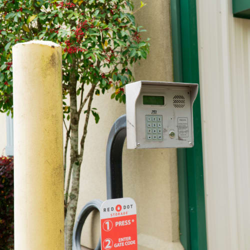 Keypad at the entrance gate of Red Dot Storage in Ponchatoula, Louisiana