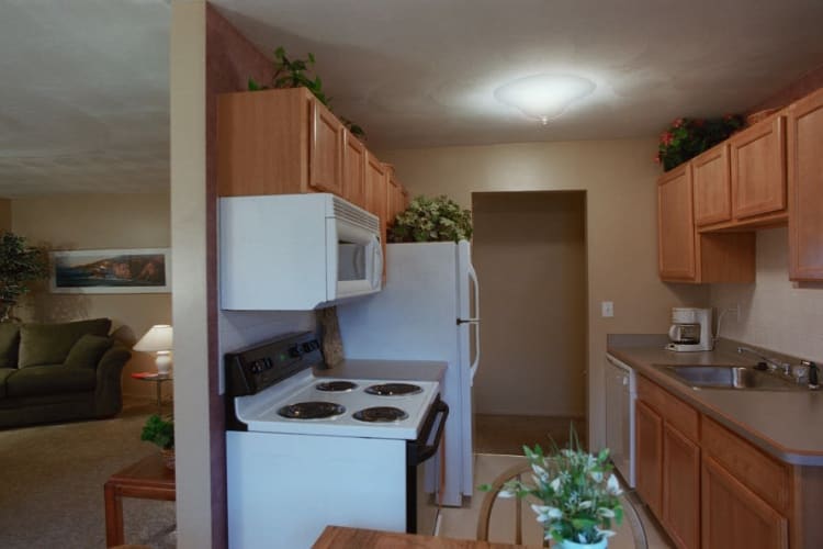 Living room and kitchen at Lake Vista Apartments in Rochester, New York