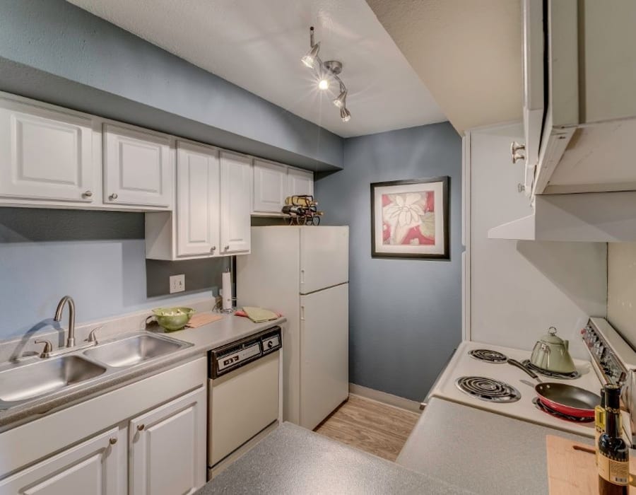 Beautifully designed kitchen with a dual-basin sink in a model home at Skyline in Thornton, Colorado