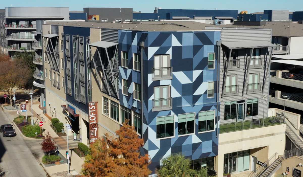 Drone view of the building at The Lofts At West 7th in Fort Worth, Texas