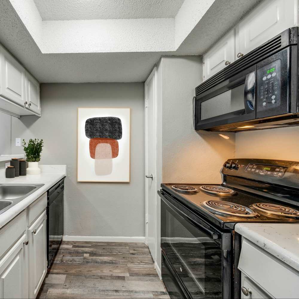 Cozy living room with wood-style flooring at Icon Apartments in San Antonio, Texas