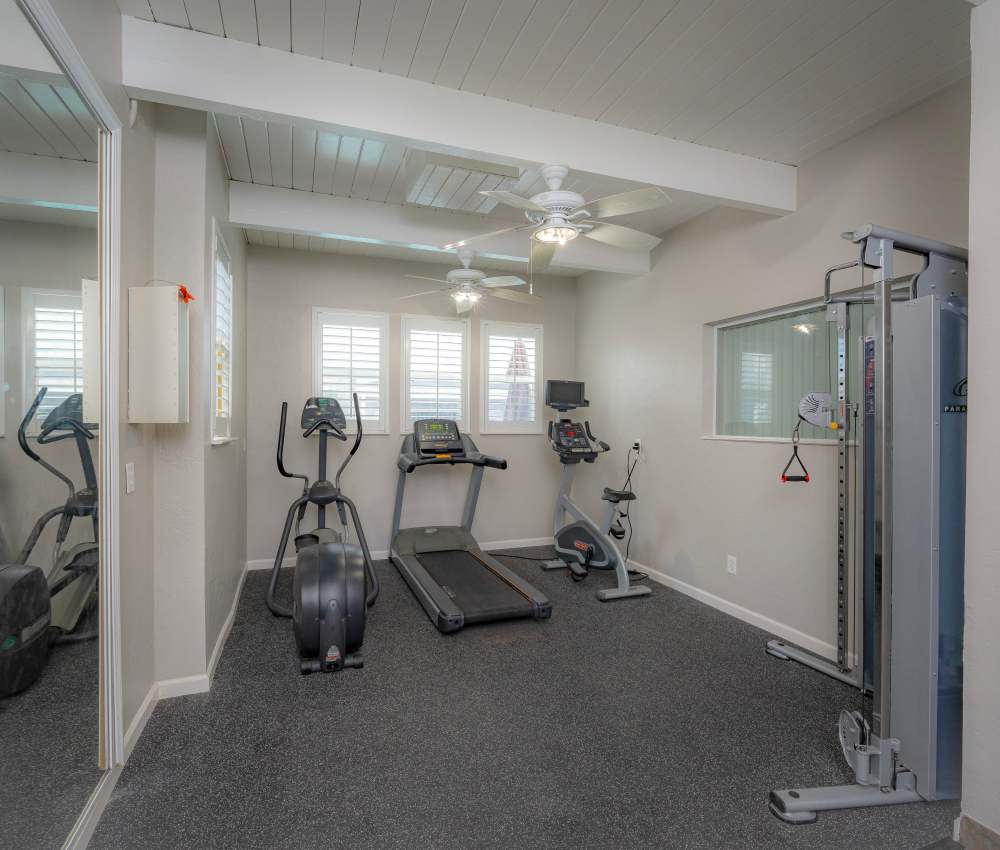 Fitness center with equipment at Breakwater Apartments in Santa Cruz, California