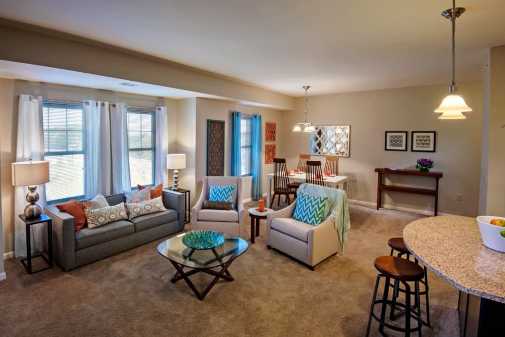 Spacious living area in a model home at Rochester Village Apartments at Park Place in Cranberry Township, Pennsylvania