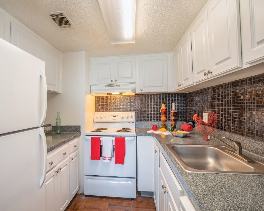 Stainless-steel sink with white appliances in model home at Southern Cove Apartments in Temple Terrace, Florida