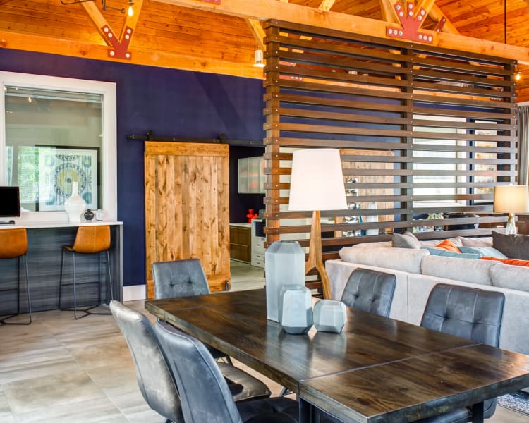 Rustic Northwest architecture in the clubhouse at Sofi at Cedar Mill in Portland, Oregon