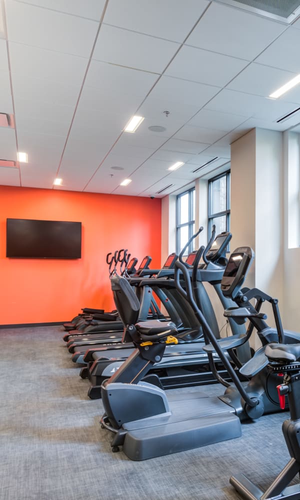 Fully equipped fitness center at Main Street Apartments in Rockville, Maryland