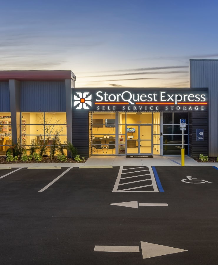 The exterior of the main entrance at StorQuest Express Self Service Storage in Copperopolis, California