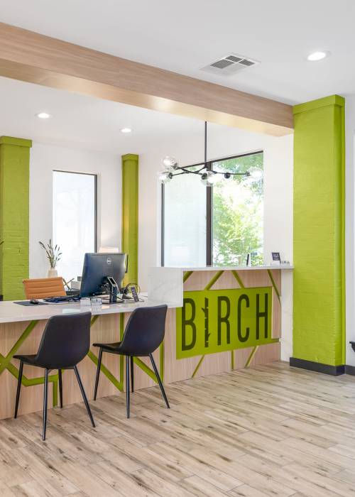 Front desk seating at Birch Apartment Homes in Dallas, Texas
