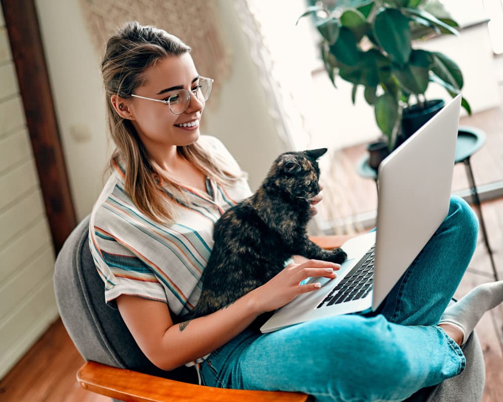 Kitten helping her owner surf the web on a laptop in their apartment home at Oaks Vernon in Edina, Minnesota