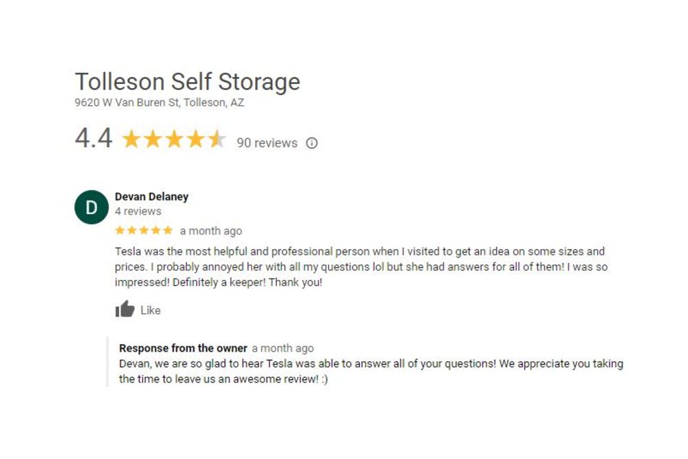 Google Review for Tolleson Self Storage in Tolleson, Arizona