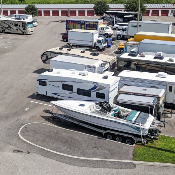 RVs, boats, and trucks parked at StorQuest Self Storage in Palm Springs, California