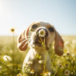 Dog smelling the flowers near Avilla Gateway in Phoenix, Arizona