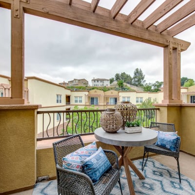 Private balcony outside an apartment home with a terrific view of the neighborhood at Sofi at Topanga Canyon in Chatsworth, California