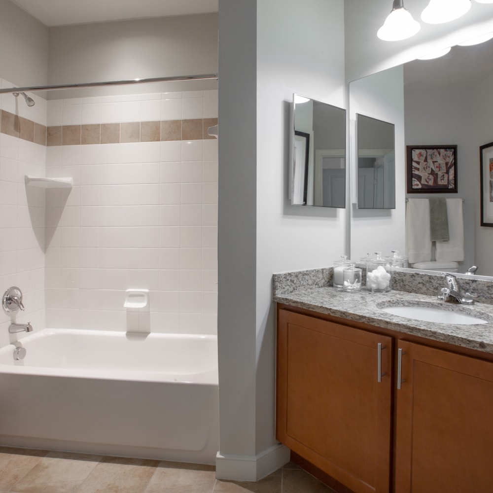 A sink in an apartment bathroom at Mode at Hyattsville in Hyattsville, Maryland