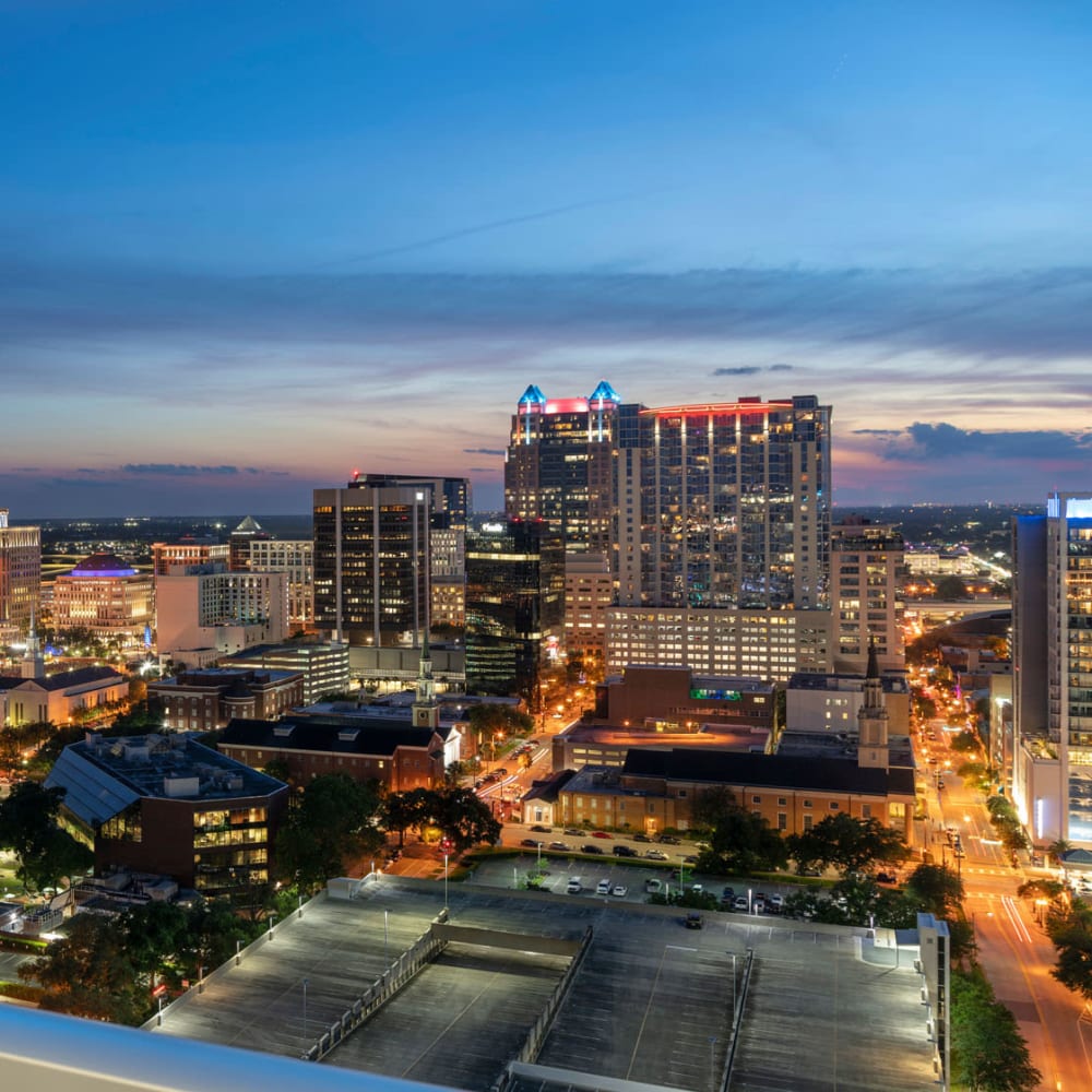 Gorgeous downtown view in the evening from CitiTower in Orlando, Florida