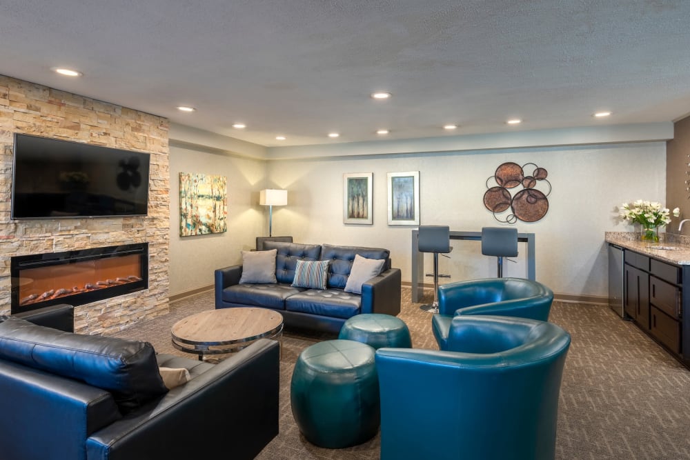 Resident lounge with comfortable seating and TV at Ruxton Towers in Towson, Maryland