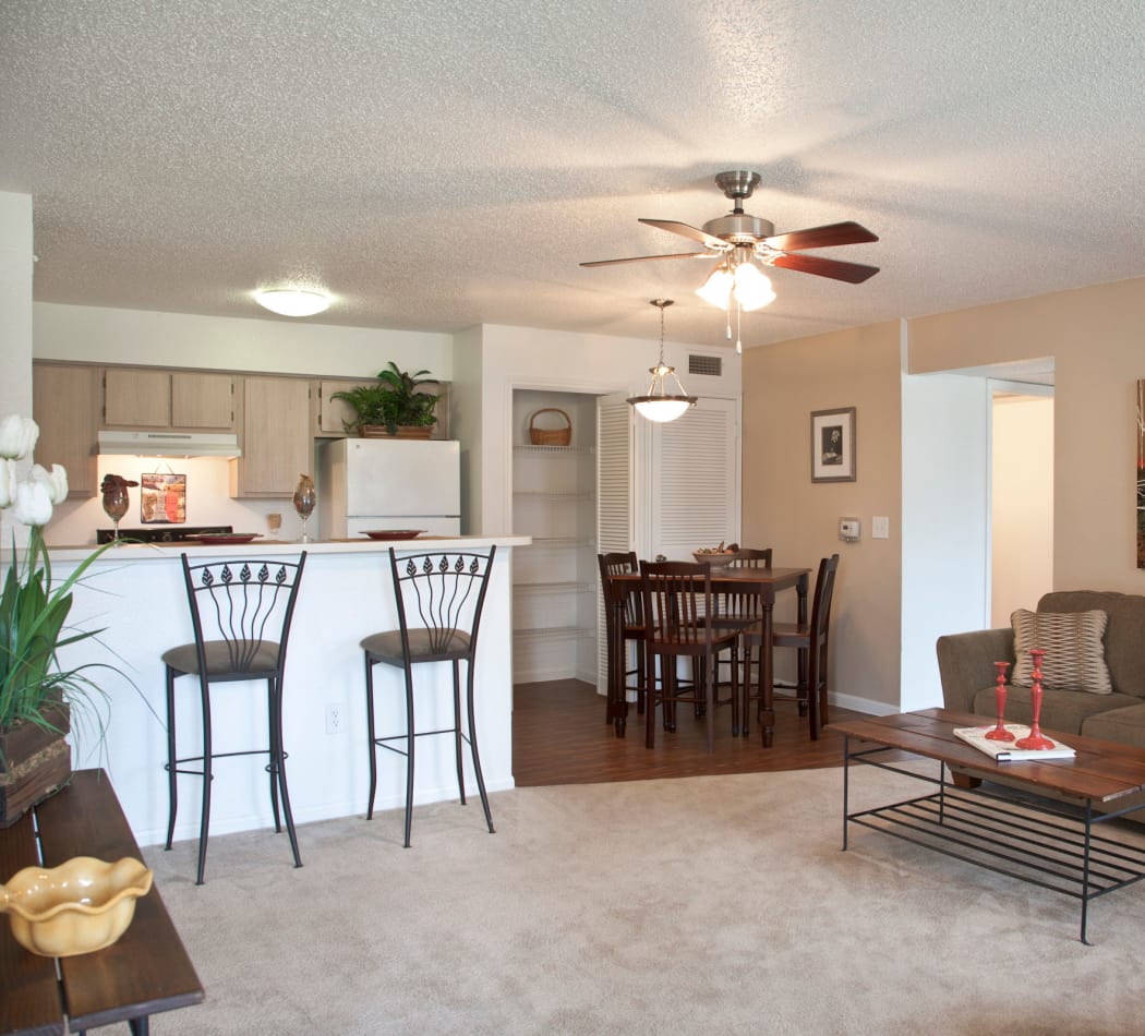 Well-decorated open-concept floor plan with ceiling fan in model home at Montelena in Round Rock, Texas