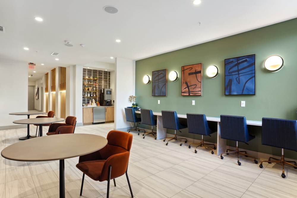 Coffee bar and lounge with co-working space at The Margaret at Riverfront in Dallas, Texas