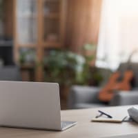 A laptop on a table in an apartment at Ravella at Town Center in Jacksonville, Florida