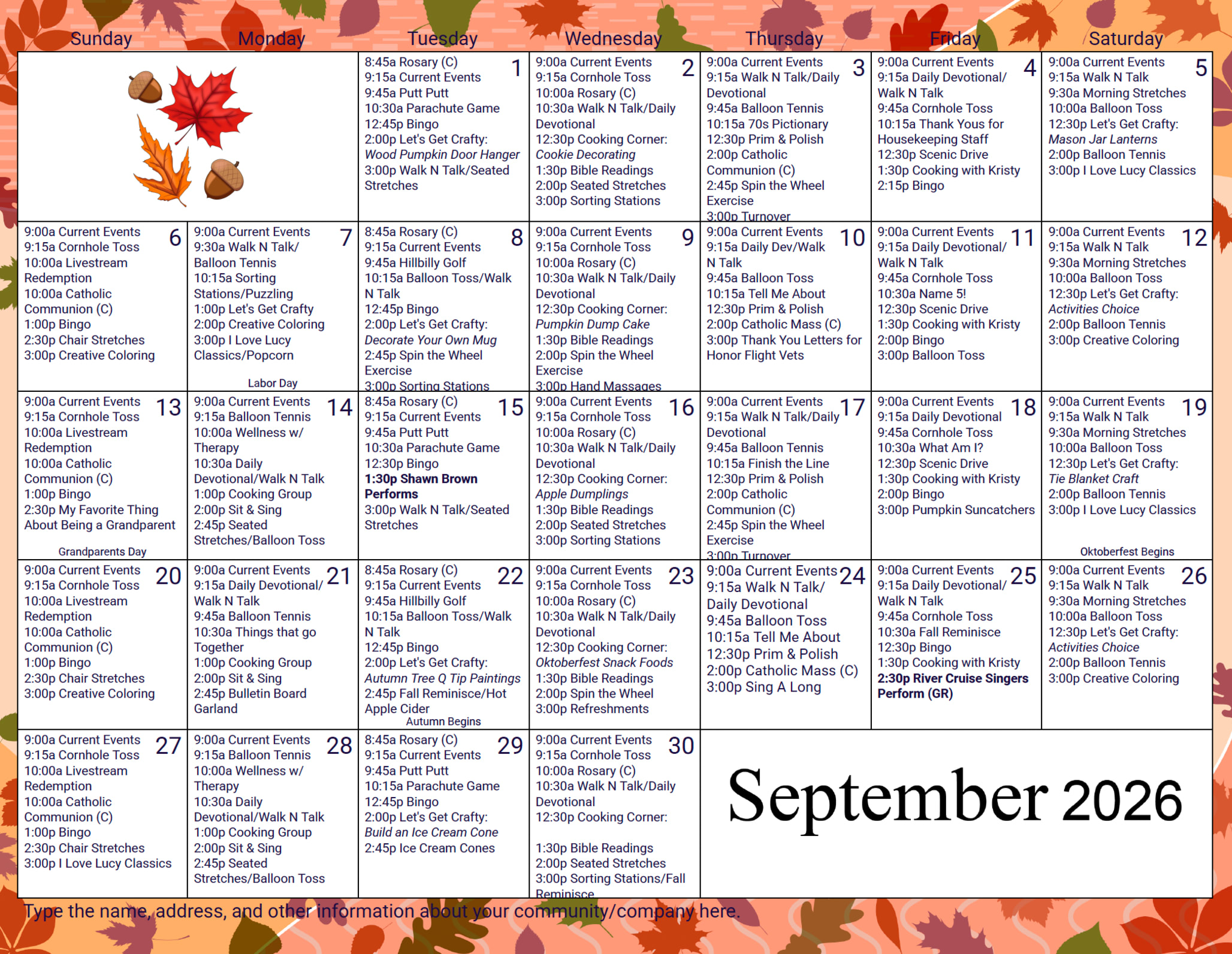 September Calendar at Legacy Living Jasper in Jasper, Indiana