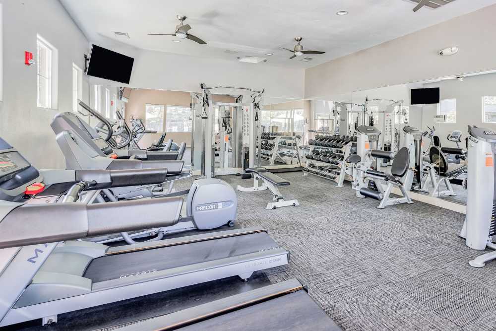 Clean, modern community gym at The Lofts in Sacramento, California