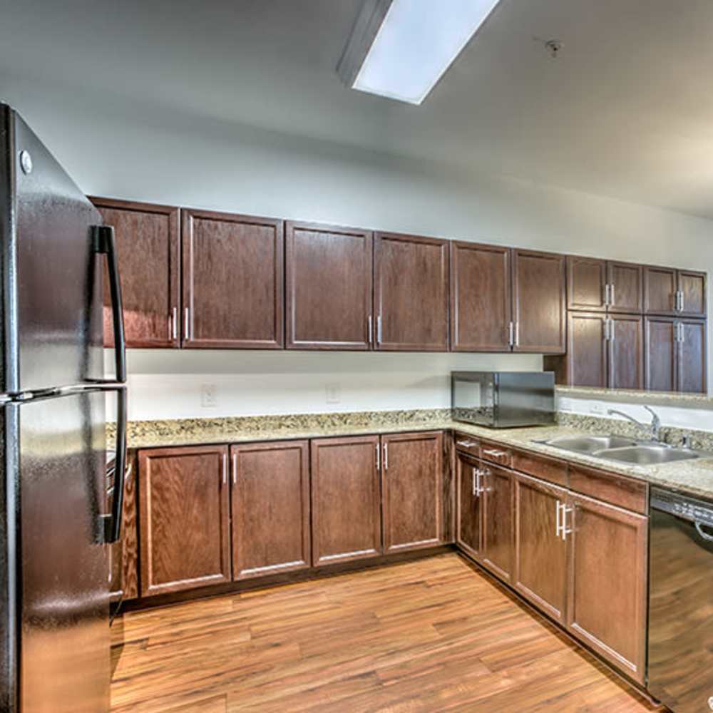 Kitchen with wooden cabinets at Duet in Las Vegas, Nevada