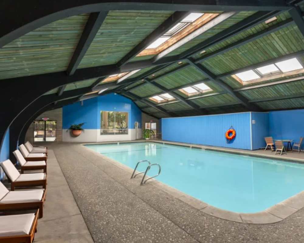 Indoor swimming pool at St. Moritz Garden Apartments in San Leandro, California