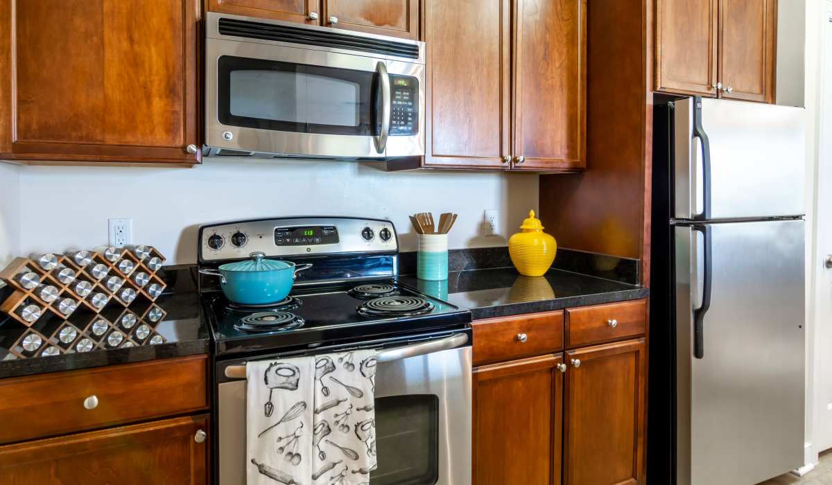 Kitchen with stainless-steel appliances and granite counter tops at The Carlton at Greenbrier, Chesapeake, Virginia