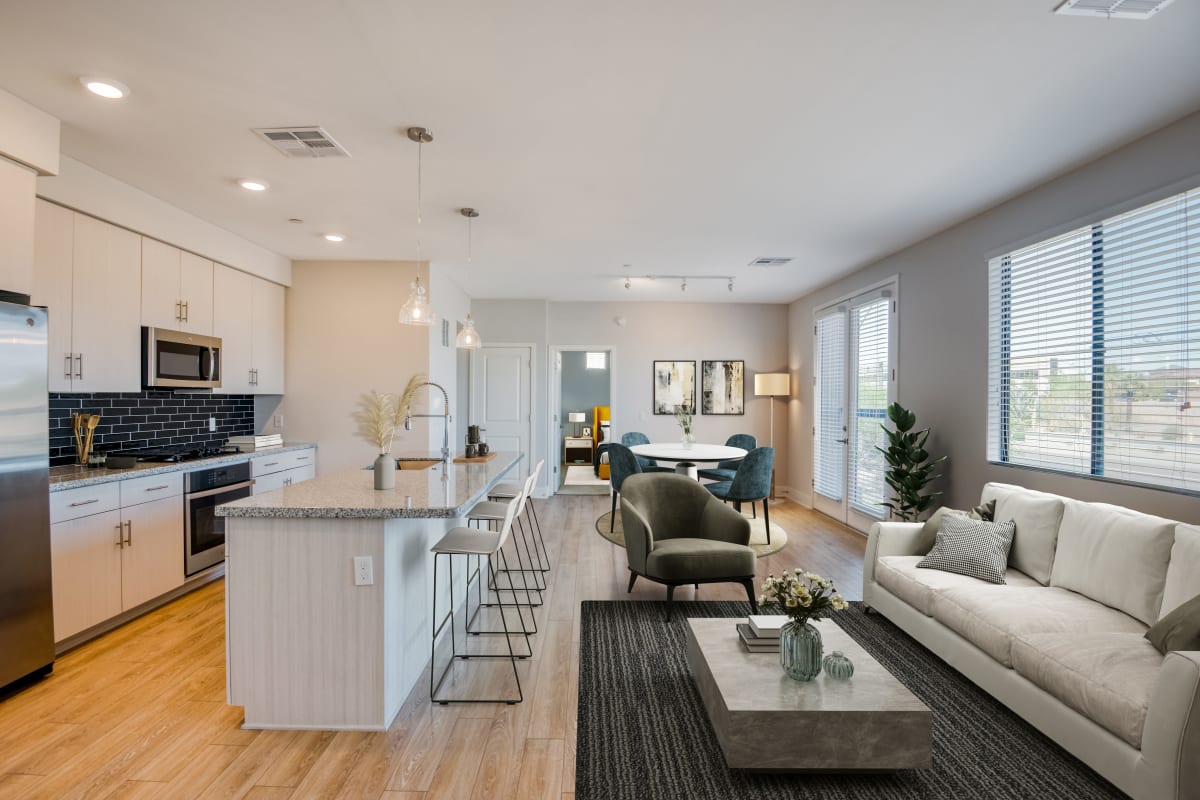 An open kitchen and living room at The Aubrey in Tempe, Arizona