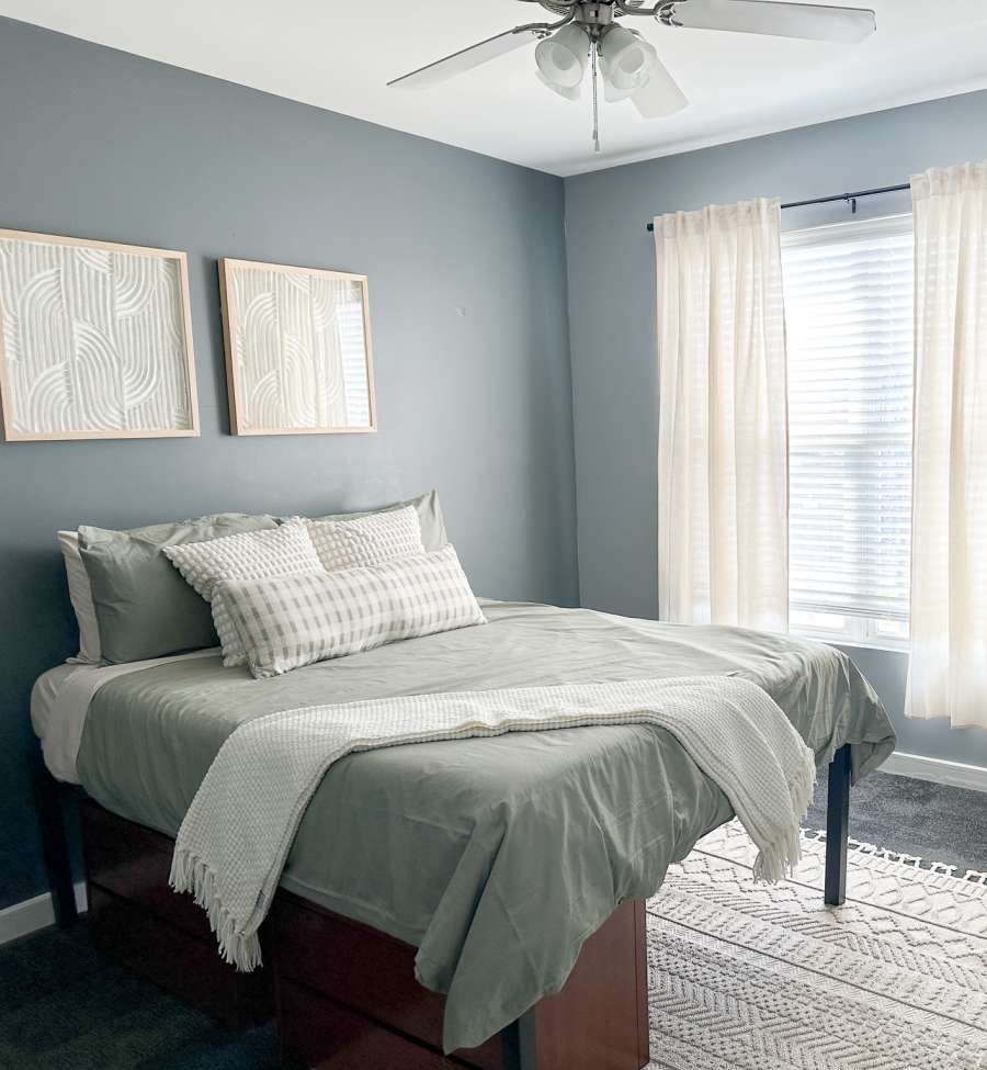 Modern bedroom at The Landing St. Louis in Saint Louis, Missouri
