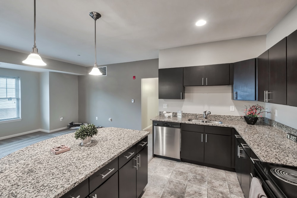 Kitchen with stainless steel appliances and granite countertops at Rochester Village Apartments at Park Place in Cranberry Township, Pennsylvania