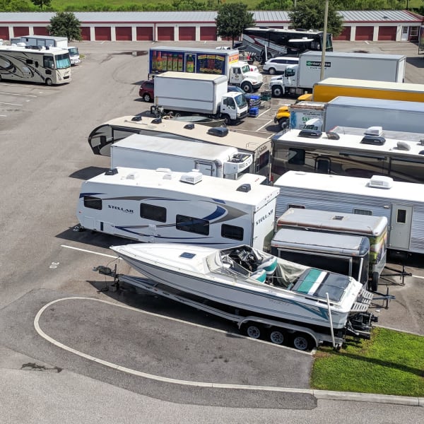 RVs, boats, trucks, and trailers parked at StorQuest Self Storage in Vallejo, California
