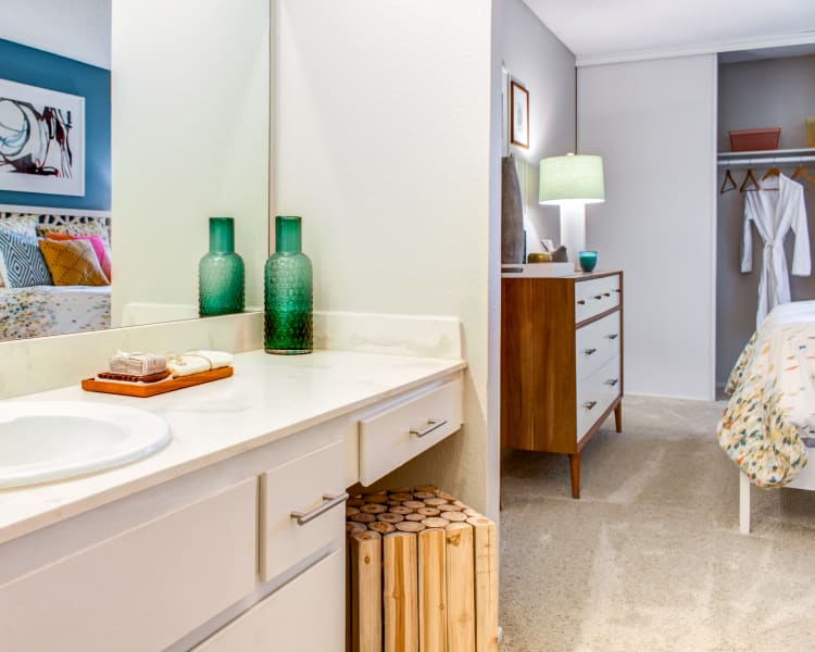 Partial view of the master bedroom from the en suite bathroom of a model home at Sofi Dublin in Dublin, California