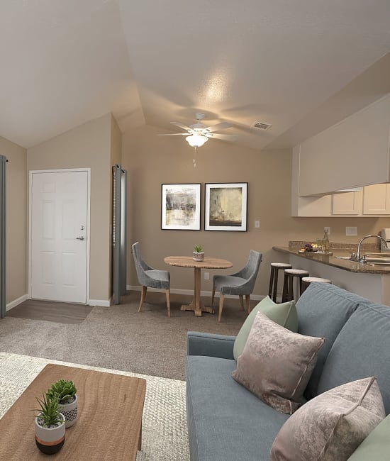 Spacious living and dining area at River's Edge Apartments in Lodi, California