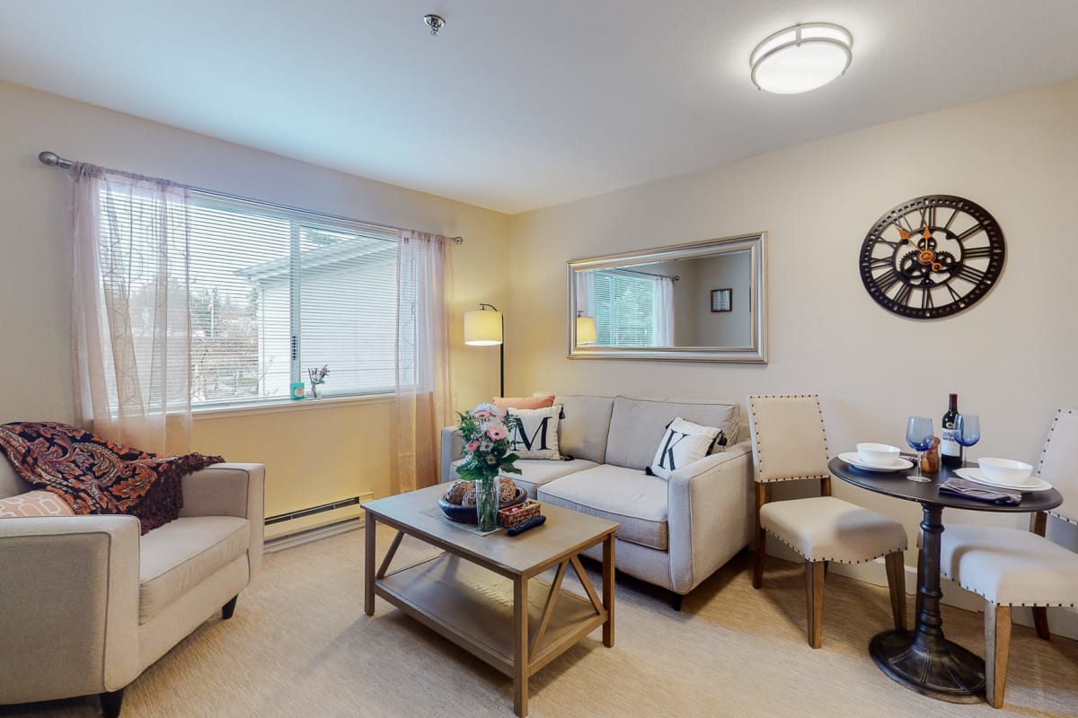 Senior living apartment living room at Mountlake Terrace Plaza in Mountlake Terrace, Washington