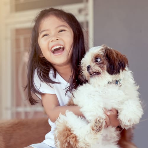 A girl holding a dog at The Village at Whitehurst Farm in Norfolk, Virginia